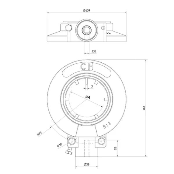 Kegelradgetriebe 5:1, Aufzugsbegrenzung 13 U, Abtrieb Achtkant 60 mm