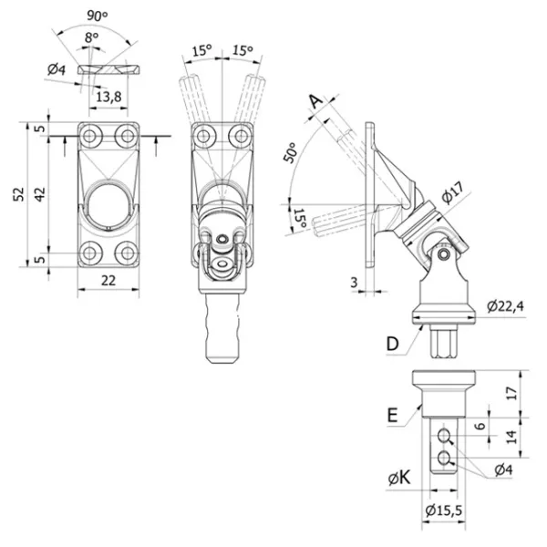 50° Magnet-Gelenklager-Pl. 22x52 mm - 4B, Antr. 4Kt.6mm, ohne Antriebsstab