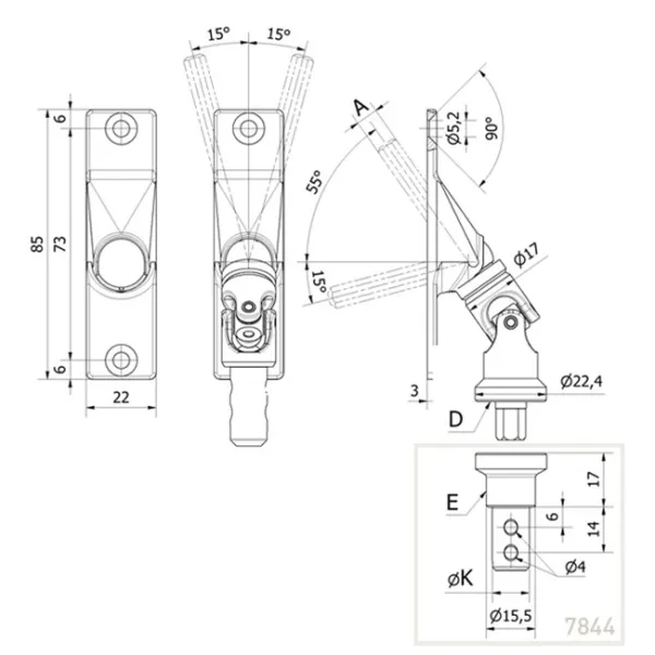 55° Magnet-Gelenklager-Pl. 22x85 mm, Antr. 4Kt.6mm, Abtr. Ø11,9mm