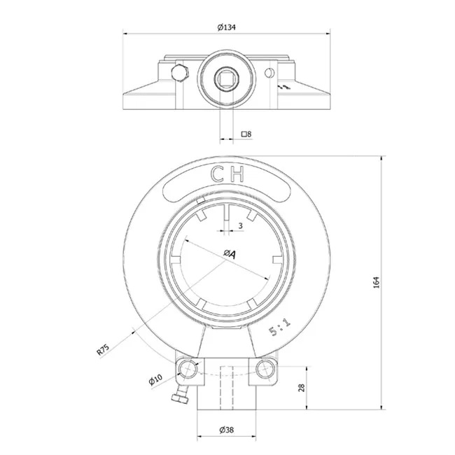 Kegelradgetriebe 5:1, Aufzugsbegrenzung 13 U, Abtrieb Achtkant 60 mm
