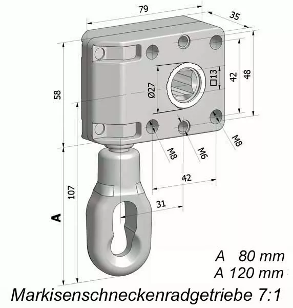Schneckengetriebe 7:1, Abtr. 4Kt. 13, Öse 80mm, ohne Z-Bund, Farbe weiß