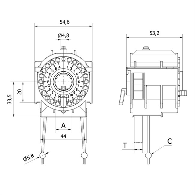 Lagerbock - montiert, Kugelschnur Achsabstand 170/170 LINKS, Abtrieb Nut Ø14, für Oberleiste 57x51mm