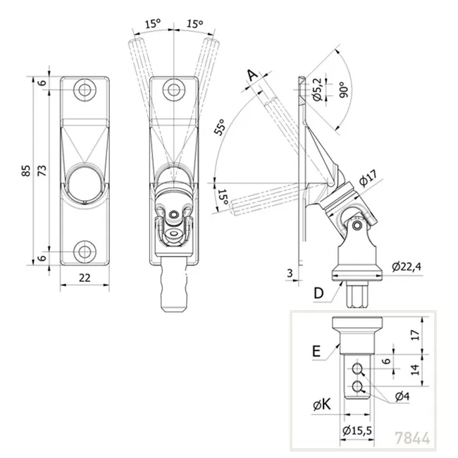 55° Magnet-Gelenklager-Pl. 22x85 mm, Antr. 4Kt.6mm, Abtr. Ø11,9mm